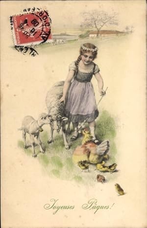 Künstler Ansichtskarte / Postkarte Schubert, H., Glückwunsch Ostern, Mädchen, Lämmer, Henne, Küke...