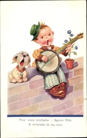 Bild des Verkufers fr Ansichtskarte / Postkarte Hund und Junge singen ber Liebe, Musikinstrument, Blume zum Verkauf von akpool GmbH