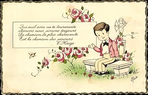 Bild des Verkufers fr Knstler Ansichtskarte / Postkarte Mado, Junge im Garten, Rosen, Eros mit Bogen zum Verkauf von akpool GmbH