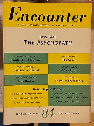 Image du vendeur pour Encounter September 1960 / BRIAN INGLIS "The Psychopath" / GERTRUDE HIMMELFARB "John Buchan" (Men & Ideas) / ANTHONY CARSON "Off To Sicily" / RICHARD LOWENTHAL "The Points Of The Compass" / GORONWY REES "The Green" / RAYNER HEPPENSTALL "Divided We Stand" / NIGEL DENNIS "Theme And Challenge" (theatre) / JOHN TREVELYAN "The Censor's Reply" / JPHN OSBORNE ".And Other Views" mis en vente par Shore Books