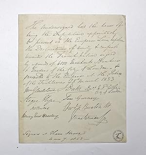 Seller image for An Original Document Signed by Nine including William Gladstone, Sam Gurney, Edward Burton Bt, J D Powles, James Duke Bart etc. Dated 1853. The Undersigned had the Honor of being the Deputation appointed to present to the Emperor Louis Napoleon the Declaration of Amity and Respect towards the French nation signed by upwards of 4000 Merchant Bankers and Trades of the City of London. Presented to the Emperor at the Palace of the F 28th March 1853. for sale by Lasting Words Ltd