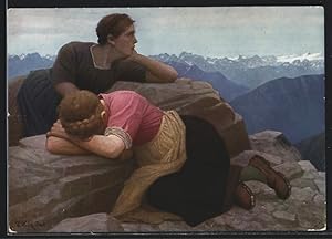 Bild des Verkufers fr Knstler-Ansichtskarte Thomas Walch: Zwei junge Frauen in den Bergen Sd-Tirols zum Verkauf von Bartko-Reher