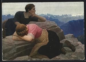 Bild des Verkufers fr Knstler-Ansichtskarte Thomas Walch: Zwei junge Frauen in den Bergen Sd-Tirols zum Verkauf von Bartko-Reher