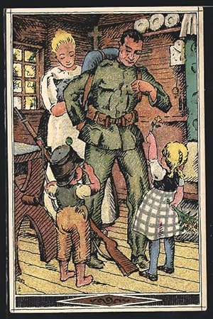 Bild des Verkufers fr Knstler-Ansichtskarte Soldat vor dem Aufbruch mit Frau und Kindern, schweizer Nationalspende zum Verkauf von Bartko-Reher
