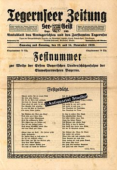 Tegernseer Zeitung. Festnummer zur Weihe der Ersten Bayerischen Landesschützenfahne der Einwohner...