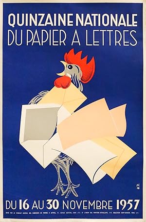 1957 French Exhibition Poster - Quinzaine Nationale du Papier à Lettres (Rooster)