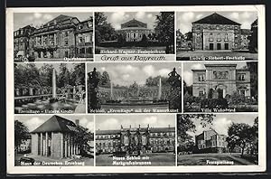 Ansichtskarte Bayreuth, Rich. Wagner-Festspielhaus, Schloss Eremitage, Neues Schloss mit Brunnen,...