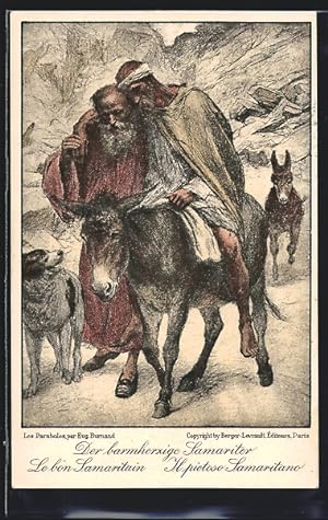 Künstler-Ansichtskarte Der barmherzige Samariter begleitet einen Verletzten auf einem Esel, Rotes...