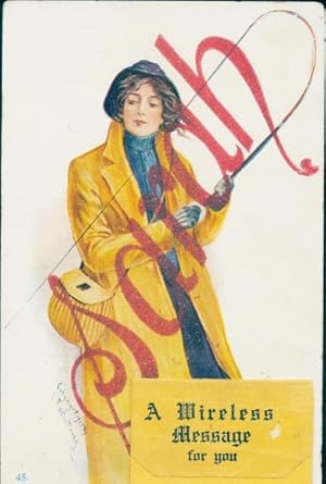 Leporello Glitzer Ansichtskarte / Postkarte Frau in gelbem Mantel, Brief