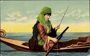 Ansichtskarte / Postkarte Frau in Volkstracht beim Angeln, Ruderboot