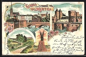 Lithographie Metz, Jungfernwehr et Mittelbrücke, Deutsches Tor, Schlucht Gravelotte