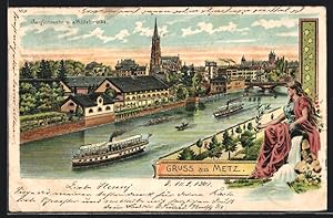 Lithographie Metz, bateau à vapeur zwischen Jungfernwehr et Mittelbrücke