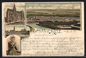 Lithographie Metz, Kathedrale, Todtenbrücke avec Garnisonkirche, Lothringerin
