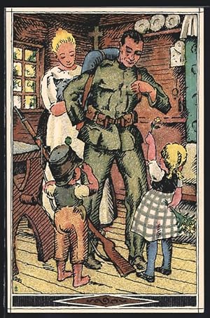 Bild des Verkufers fr Knstler-Ansichtskarte Soldat vor dem Aufbruch mit Frau und Kindern, schweizer Nationalspende zum Verkauf von Bartko-Reher