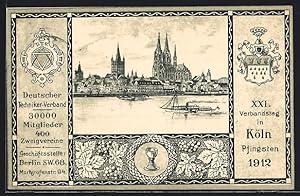 Künstler-Ansichtskarte Köln, Deutscher Techniker-Verband-XXI. Verbandstag 1912, Uferpartie mit Do...