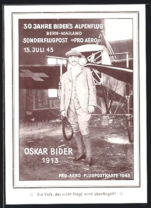 Ansichtskarte 30 Jahre Bider`s Alpenflug Bern-Mailand, Sonderflugpost Stempel Pro Aero 13.7.1943