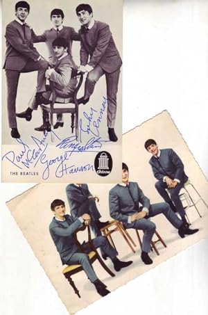 Autogrammkarte (Werbekarte der Electrola) von 4 Beatles mit vollem Namen signiert.