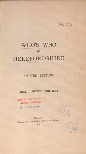 Bild des Verkufers fr Who's who in Herefordshire. zum Verkauf von WeBuyBooks
