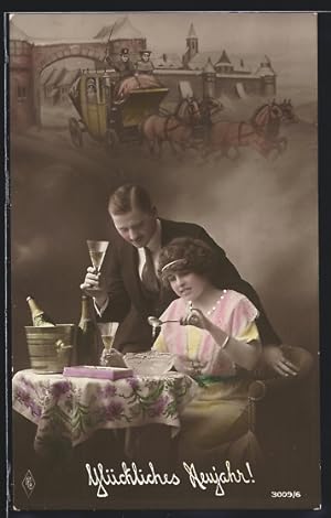 Ansichtskarte Junges Paar träumt von einer Reise mit der Postkutsche, Neujahrskarte