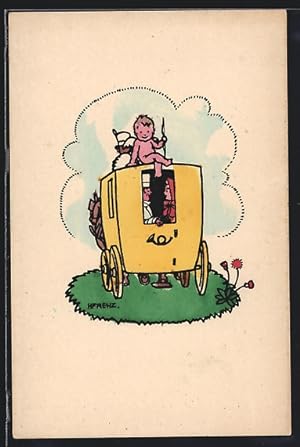 Künstler-Ansichtskarte Kleiner Engel Amor sitzt auf einer Postkutsche mit einem Paar darin
