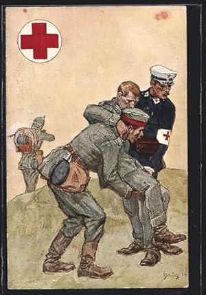 Künstler-Ansichtskarte Rotes Kreuz, Sanitäter tragen Verletzten