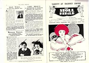 Imagen del vendedor de Variety at Hackney Empire. The Stoll Herald. Vol. 11, No. 32. Chairman and Managing Director: Sir Oswald Stoll .District Manager: J. Christie. Editor: Kathleen Mason. Magnificent Variety Programme, week commercing August 10th. a la venta por Antiquariat Carl Wegner