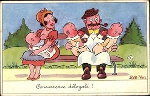 Künstler Ansichtskarte / Postkarte Velter, Robert, Vater mit zwei Babys, stillende Frau