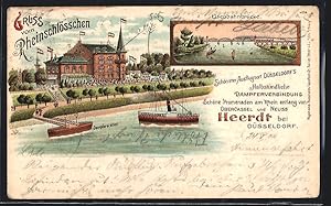 Lithographie Heerdt bei Düsseldorf, Rheinschlösschen mit Dampferstation, Eisenbahnbrücke