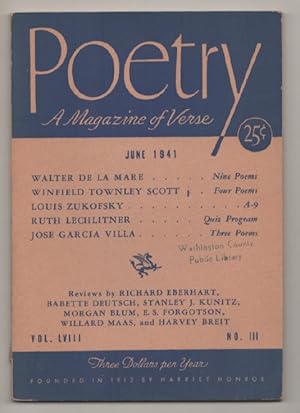 Image du vendeur pour Poetry Magazine, Vol. LVIII No. III June 1941 mis en vente par Jeff Hirsch Books, ABAA