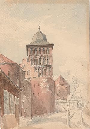 Blick von der Straße Ida-Boy-Ed-Garten auf Stadtmauer und Burgtor in Lübeck. - Aquarellierte Blei...
