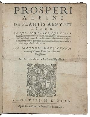 Bild des Verkufers fr De plantis Aegypti liber. . Accessit etiam liber de Balsamo alias editus.Including: De balsamo dialogus.Venice, Francesco de Franceschi, 1592. 4to. With a general title-page and a divisional title-page, each with the same Franceschi woodcut device, and 50 large woodcut plant illustrations. Further with numerous woodcut decorated initials, woodcut decorations and decorations built up from arabesque typographical ornaments. Contemporary(?) wooden boards covered with 18th-century sprinkled paper. zum Verkauf von ASHER Rare Books