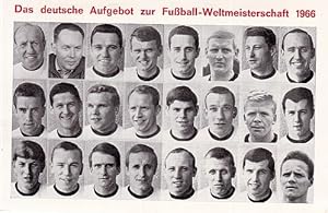 Imagen del vendedor de Das deutsche Aufgebot zur Fuball-Weltmeistershaft 1966. 24 kleine Portrts. Postkarte Lichtdruck. Ungelaufen, Rckseite mit Briefmarke und 3 Sonderstempeln (Endspiel 30.7.1966 sowie Deutschland Fuball-Vizeweltmeister 1966 (2fach)). 2 Ecken etwas bestoen. a la venta por Antiquariat Heinz Tessin