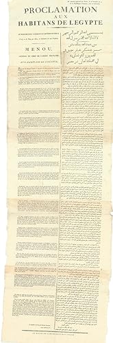 Image du vendeur pour Proclamation aux habitans de l Egypte. Cairo, Imprimerie Nationale, 6 brumaire an 9 [28 October 1800 CE]. Folio (141 x 42.5 cm). Five small oblong sheets, printed in French and Arabic in parallel columns, pasted together one above the other to form a single long broadside. mis en vente par Antiquariaat FORUM BV