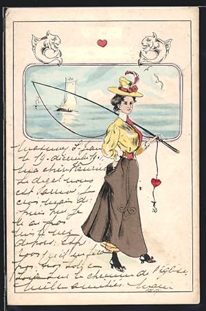Künstler-Ansichtskarte Dame mit Angel und herzförmigem Köder, Segelschiff auf dem Meer