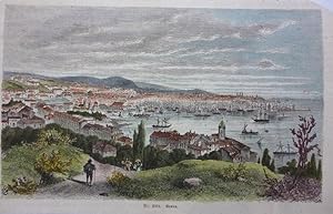 orig. kolor. Holzstich Nr.3064 Genua ( Blick auf die Stadt und den Hafen Genua Italy )