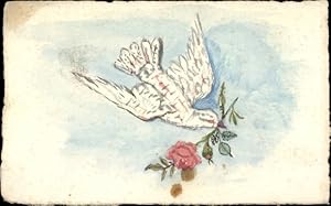 Handgemalt Ansichtskarte / Postkarte Taube mit Rose im Schnabel
