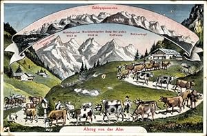 Ansichtskarte / Postkarte Abzug von der Alm, Gebirgspanorama, Alpen, Seppl, Nero, Bräunl, Obersch...