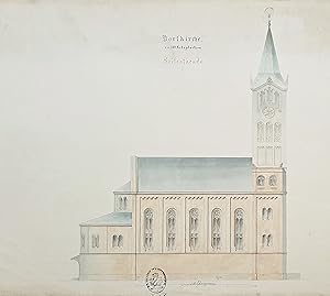 "Dorfkirche zu 200 Sitzplaetzen / Seitenfacade" - Kirche church Facade / Zeichnung drawing / Arch...
