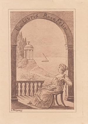 Bild des Verkufers fr Ex Libris Anna Felix. Vor Rundbogen mit Aussicht auf ein Tempietto am Meer sitzend Lesende. zum Verkauf von Antiquariat  Braun