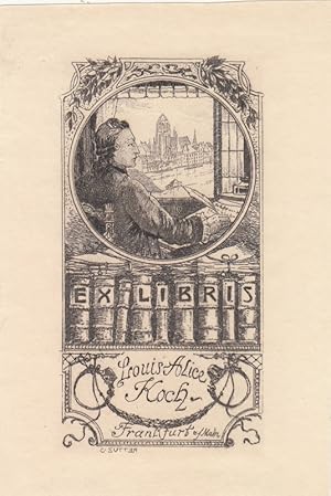 Bild des Verkufers fr Ex Libris Louis Alice Koch Frankfurt a/Main. ber Bcherreihe Rundbild eines Schreibendem am offenen Fenster. zum Verkauf von Antiquariat  Braun