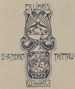 Bild des Verkufers fr Ex Libris Dr. A. Herkt Trittau. Natter an Schale zwischen zwei hren, darunter Wappen zwischen zwei Mohnblten. zum Verkauf von Antiquariat  Braun