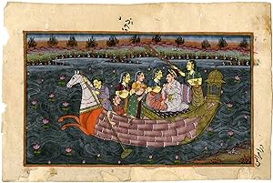 Emperor Jangahir on a pleasure boat with his harem attendees surrounded by lotus blossoms