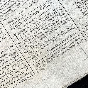 1793 Newspaper with an Advertisement for the Brokerage Firm of Leonard Bleeker