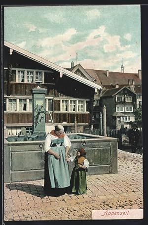 Ansichtskarte Appenzell, Brunnen mit Dame und Kind in Tracht