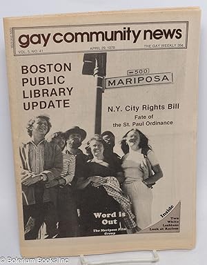 Bild des Verkufers fr GCN: Gay Community News; the gay weekly; vol. 5, #41, April 29, 1978: Boston Public Library Update zum Verkauf von Bolerium Books Inc.