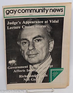 Bild des Verkufers fr GCN: Gay Community News; the gay weekly; vol. 5, #40, April 22, 1978: Judge's Appearance at Vidal Lecture Causes Storm zum Verkauf von Bolerium Books Inc.