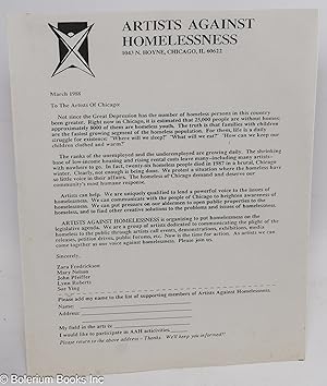 Imagen del vendedor de Artists against homelessness [handbill] a la venta por Bolerium Books Inc.