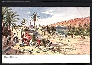 Bild des Verkufers fr Knstler-Ansichtskarte Biskra, Oase mit Kamelen zum Verkauf von Bartko-Reher