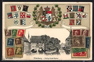 Passepartout-Präge-Ansichtskarte Nürnberg, Heilig-Geist-Spital, Briefmarken und Wappen