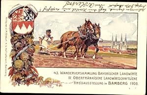 Ganzsache Künstler Litho Messerschmitt, IV. Oberfr. Landwirtschaftliche Ausstellung Bamberg 1908 ...